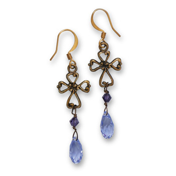 Brass Cross Earrings with Purple Crystals