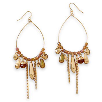Gold Tone Pear Shape Drop Fashion Earrings with Peach Beads