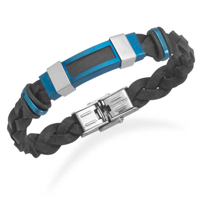 8.5" Black Leather Bracelet with Polished and Blue Matte Stainless Steel Accents