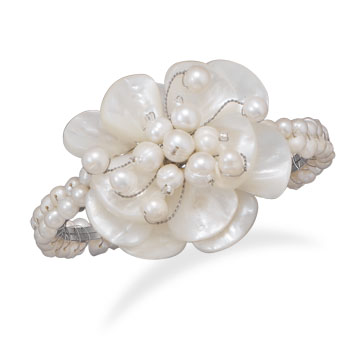 Cultured Freshwater Pearl Fashion Cuff with Shell Flower