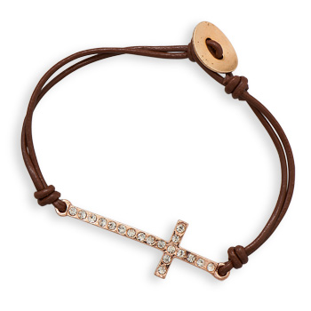 7" Brown Leather Sideways Crystal Cross Fashion Bracelet
