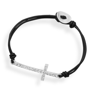 7" Black Leather Sideways Crystal Cross Fashion Bracelet