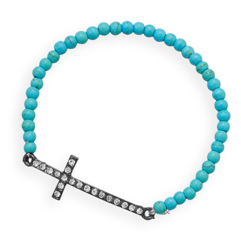 7" Magnesite Sideways Crystal Cross Fashion Stretch Bracelet
