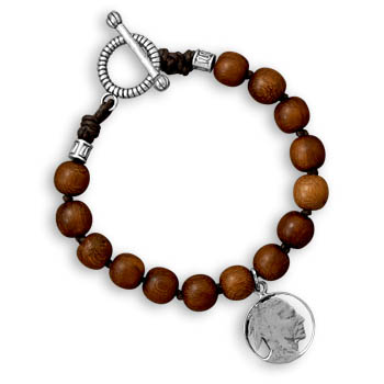 9" Wood Bead Men's Bracelet with Indian Chief Charm