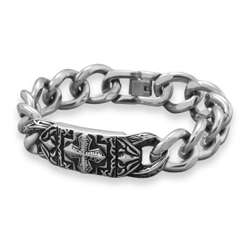 9" Stainless Steel Cross Design Men's ID Bracelet