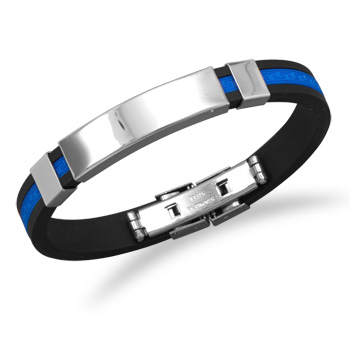 8" Stainless Steel and Blue Rubber ID Men's Bracelet