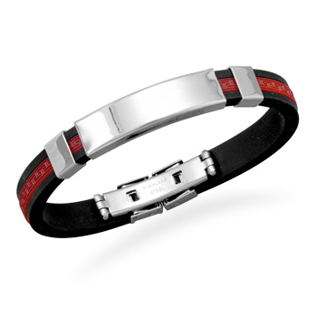 8" Stainless Steel and Red Rubber Men's ID Bracelet