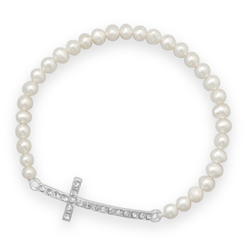 7" Pearl Fashion Bracelet with Sideways Crystal Cross