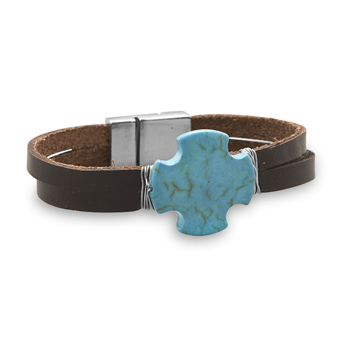 7" Brown Leather Fashion Bracelet with Blue Magnesite Cross