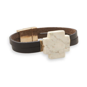 7" Leather Fashion Bracelet with White Magnesite Cross