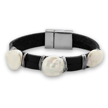 7" Black Leather Fashion Bracelet with Cultured Freshwater Coin Pearls