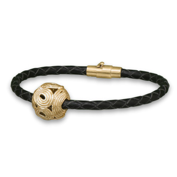 7" African Leather Bracelet with 22K Gold Plated Brass Swirl Bead
