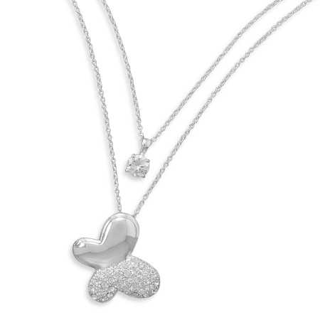 CZ Solitaire and Pave Crystal Butterfly Silver Plated Brass Necklace