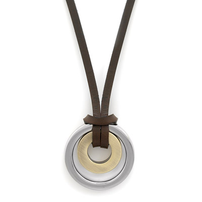 18" Brown Leather Necklace with Stainless Steel and Brass Rings
