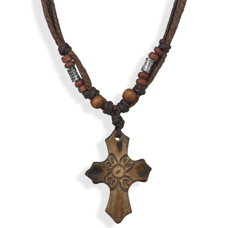 14" - 18" Multistrand Cord Fashion Necklace with Carved Cross