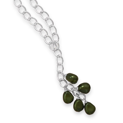 32" Silver Tone Fashion Necklace with Green Glass Nuggets
