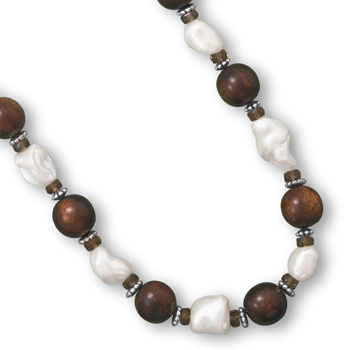 16" + 2" Wood Bead and Shell Nugget Fashion Necklace