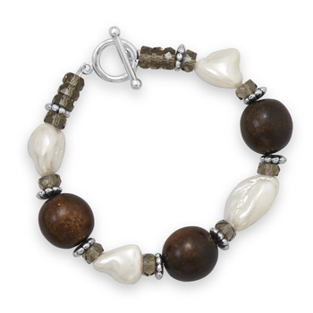 8" Wood Bead and Shell Nugget Fashion Toggle Bracelet