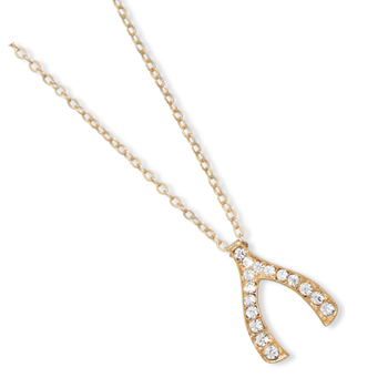 16" + 3" Gold Tone Crystal Wishbone Fashion Necklace