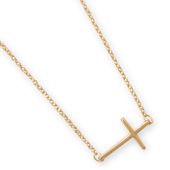 17" + 2" Gold Tone Sideways Cross Fashion Necklace