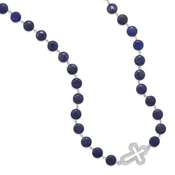 36" Lapis Bead Fashion Necklace with Crystal Cross