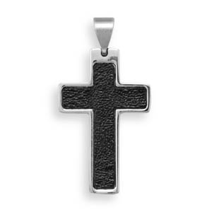 Stainless Steel Leather Inlay Cross Pendant