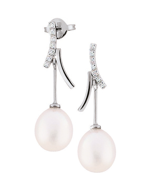 Elegant Pearl Drop Earrings 0.07 Ct Diamonds 18K White Gold