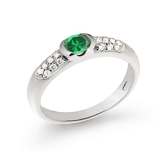Classic Italian 0.29 Ct Emerald Wedding Ring 0.17 Ct Diamonds 18K White Gold