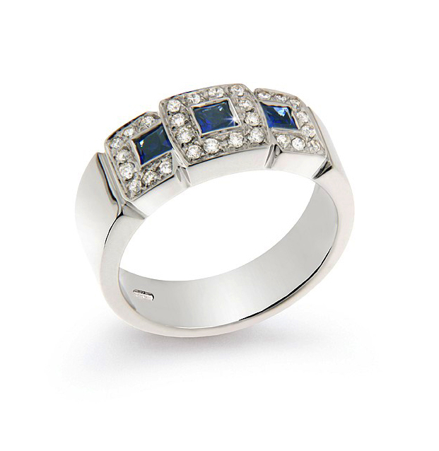 Upscale Italian 0.44 Ct Sapphire Wedding Ring 0.25 Ct Diamonds 18K White Gold