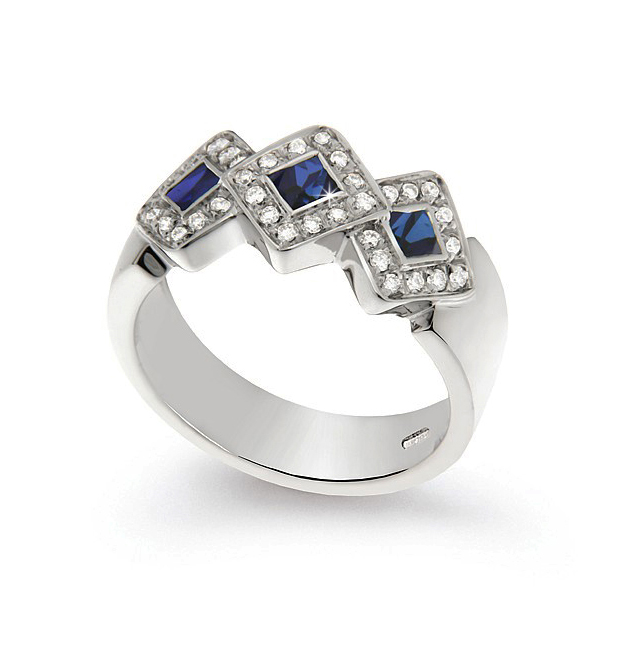 Vintage Italian 0.50 Ct Sapphire Wedding Ring 0.23 Ct Diamonds 18K White Gold