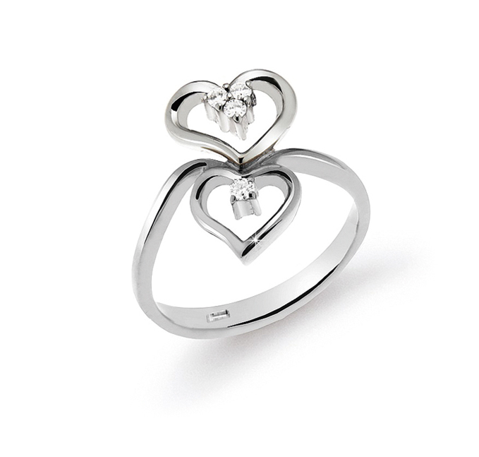 Italian Twin Heart Ring 0.07 Ct Diamonds 18K White Gold