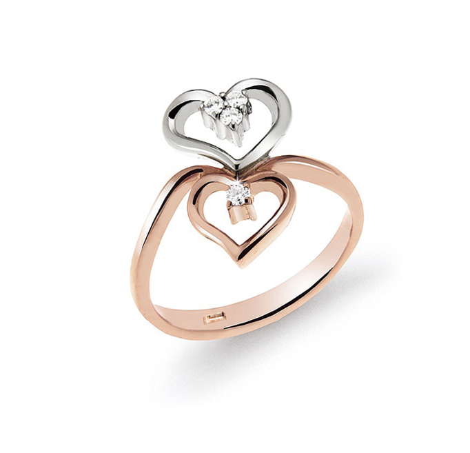 Italian Twin Heart Ring 0.07 Ct Diamonds 18K White Gold