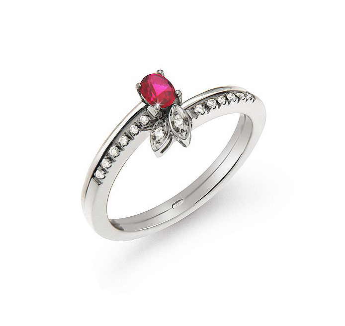 Elegant 0.22 Ct Ruby Side-Stone Engagement Ring 0.07 Ct Diamonds 18K White Gold