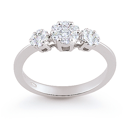 Three-Stone Halo Engagement Ring 0.47 Ct Diamonds 18K White Gold