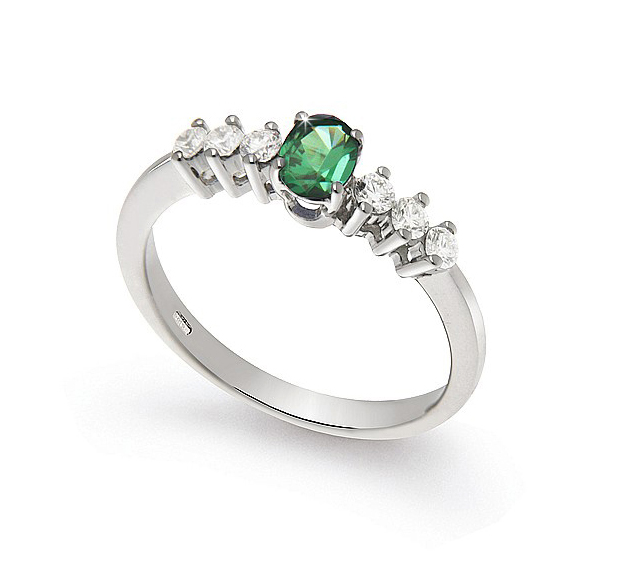 Italian 0.15 Ct Emerald Side-Stone Engagement Ring 0.08 Ct Diamonds 18K White Gold