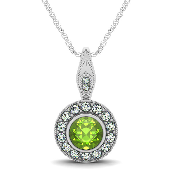 Vintage Peridot Necklace with Round Halo Circle Pendant