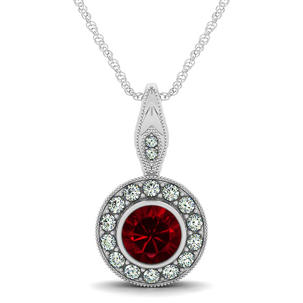 Vintage Ruby Necklace with Round Halo Circle Pendant