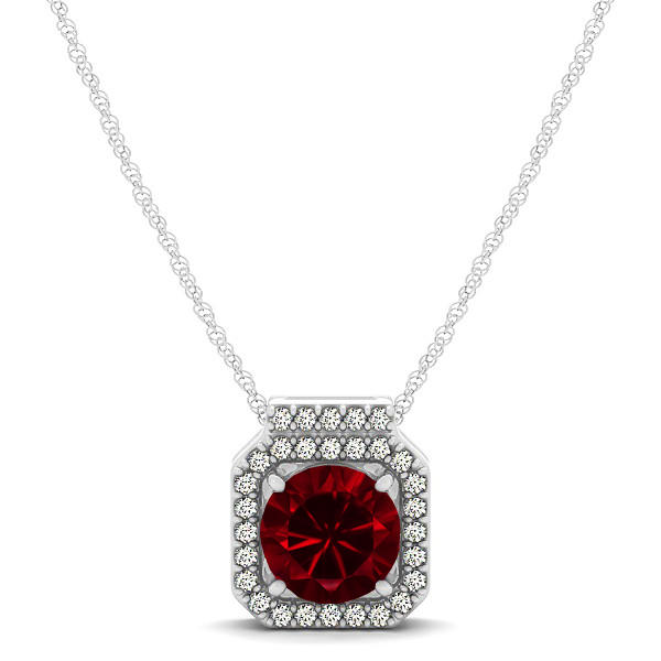 Square Halo Necklace with Round Cut Ruby Pendant