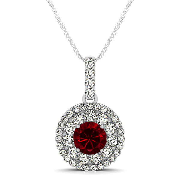 Round Ruby Necklace with Twin Halo Pendant