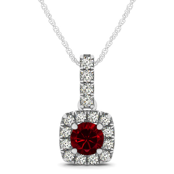Peculiar Halo Side Stone Round Ruby Drop Necklace