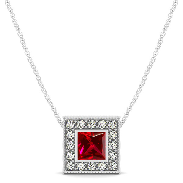 Vintage Square Ruby Halo Necklace
