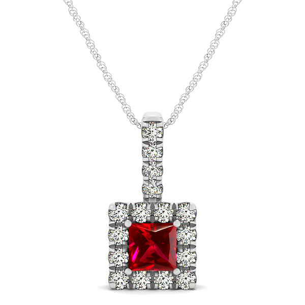 Upscale Square Drop Halo Necklace with Princess Cut Ruby