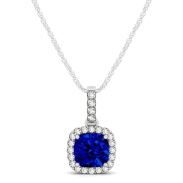 Elegant Cushion Sapphire Halo Pendant Necklace