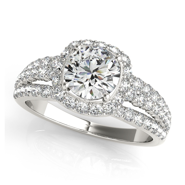 Three Row Split Shank Halo Engagement Ring with Side Stones