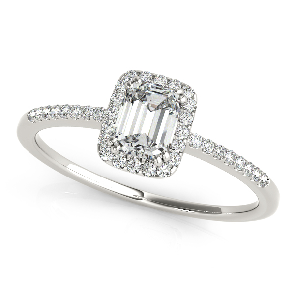 Sophisticated Emerald Cut Halo Side Stone Engagement Ring