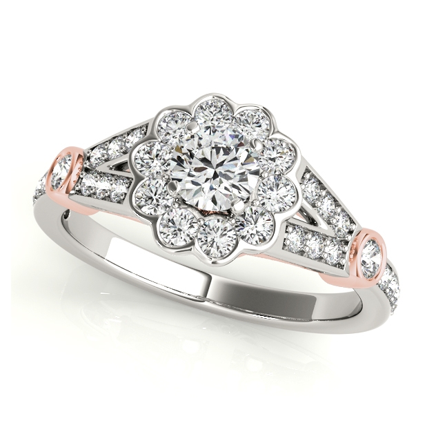 Romantic Split Shank Floral Halo Diamond Engagement Ring Set