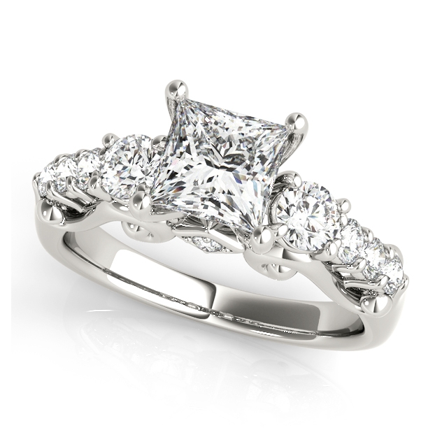 Princess Cut Three Stone Engagement Ring with Round Accents