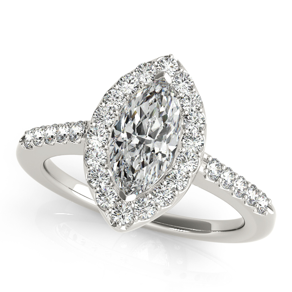 Stylish Marquise Shaped Halo Side Stone Engagement Ring