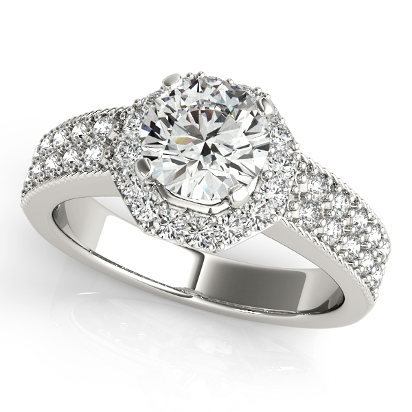 Octagon Halo Engagement Ring with Round Cut Side Stones