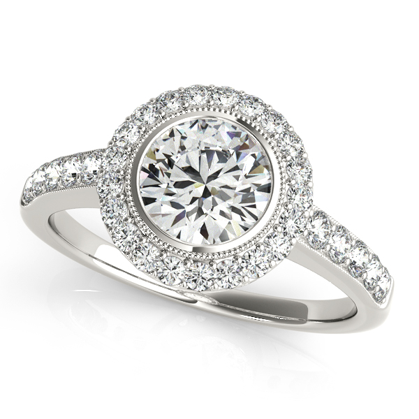 Bezel Halo Engagement Ring in White, Yellow or Rose Gold